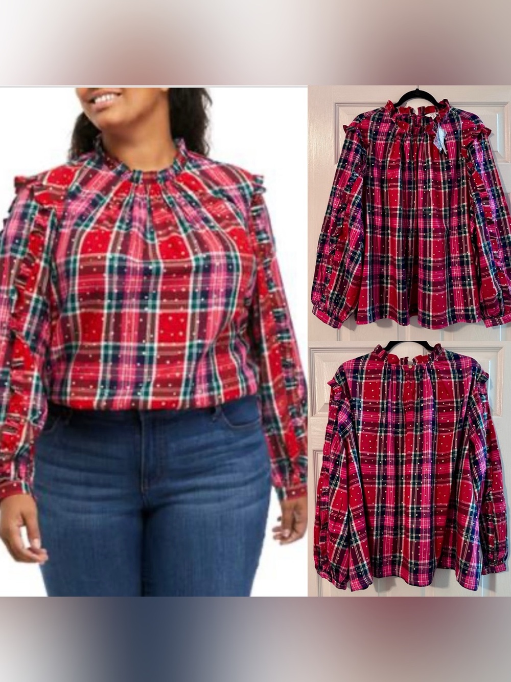 Crown & Ivy Red Gold  pink Plus Blouson Sleeve Ruffle Plaid Top Shirt Size 4X